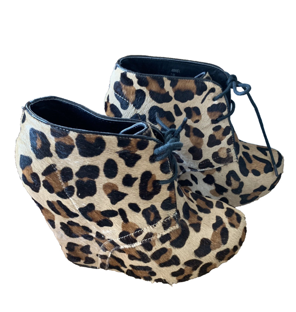 Steve Madden Annie Leopard Pony Hair Print Wedge Ankle Boots Booties 7.5